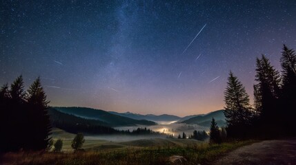 Fototapeta premium Starlit mountain landscape with misty valley and shooting stars at night