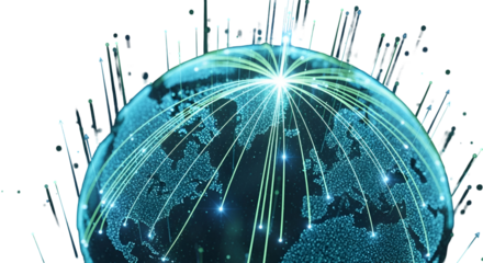 3d icon of global network connection with light trails isolated on transparent background representing communication