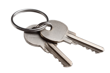 Two silver metal keys on a silver keyring against a black background image, Png, Isolated on Transparent Background, Cut Out