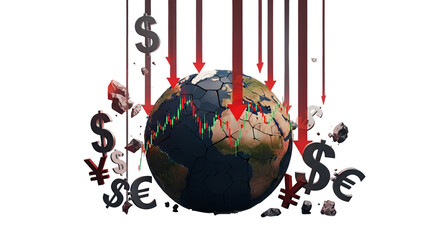 3d icon of global financial crisis with falling currency symbols isolated on transparent background representing recession