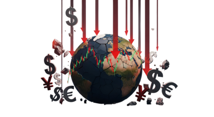 3d icon of global financial crisis with falling currency symbols isolated on transparent background representing recession