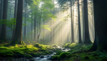 Obraz premium Sunlight streams through trees in a lush green forest scene