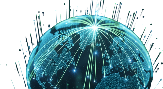 3d icon of global network connection with light trails isolated on transparent background representing communication