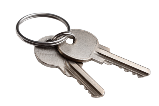 Two silver metal keys on a silver keyring against a black background image, Png, Isolated on Transparent Background, Cut Out