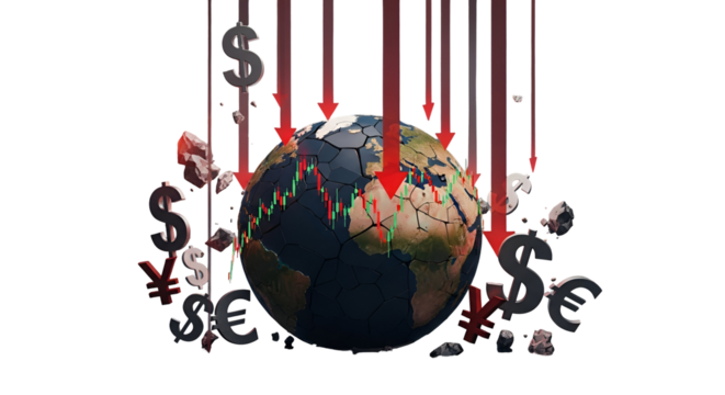 3d icon of global financial crisis with falling currency symbols isolated on transparent background representing recession