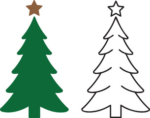 Two christmas trees one solid green silhouette and one outline with star