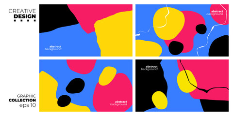 Set of abstract backgrounds with various hand drawn vibrant colored dynamic shapes and curved lines for creative graphic design. Vector illustration.