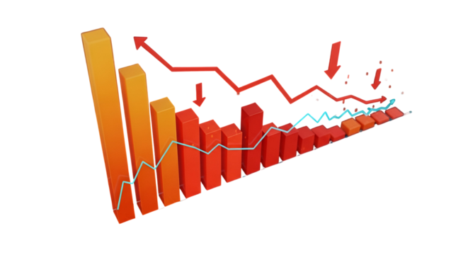3d icon of declining bar graph with red arrows isolated on transparent background shows negative business performance