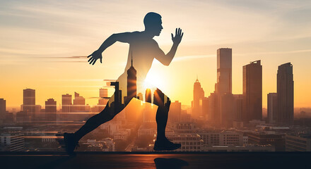 Silhouette of athlete running at sunrise over cityscape capturing motivation and fitness goals