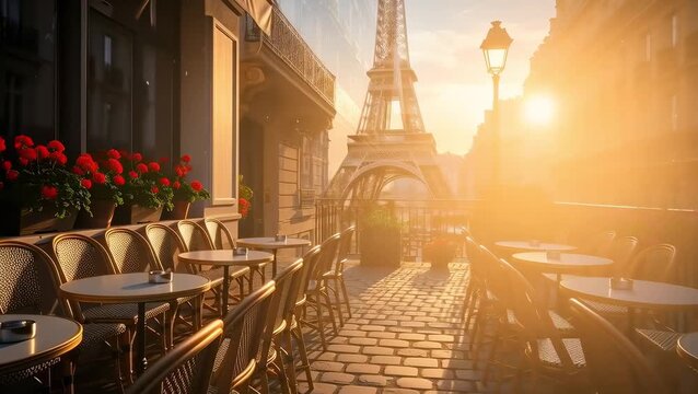 Sunrise cafe terrace near the Eiffel tower