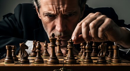 Intense concentration on a man's face as he strategizes his next move in a game of chess