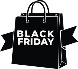 Black Friday shopping bag icon with ribbon banner silhouette for retail sale promotion
