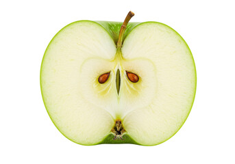 Isolated cross section of a green apple showing core, seeds, stem, and flesh details close up