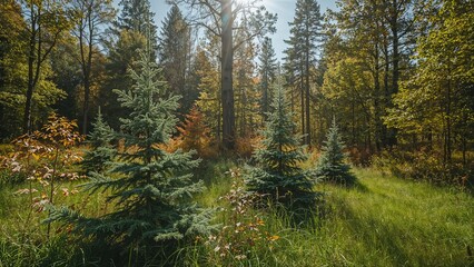 Fototapeta premium High evergreen sprouts in autumn forest with tall trees and lush green grass.