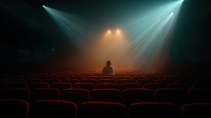Lonely figure sits quietly in an empty theater, reflecting in the dim lights of the stage
