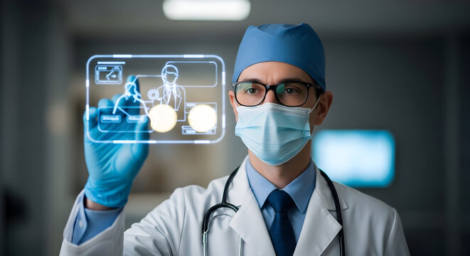 Doctor using futuristic holographic medical interface for patient diagnosis and data analysis, modern healthcare technology. - Powered by Adobe