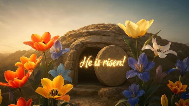He is risen message with glowing text appears near open tomb, surrounded by colorful flowers, suitable for Easter celebration footage.
