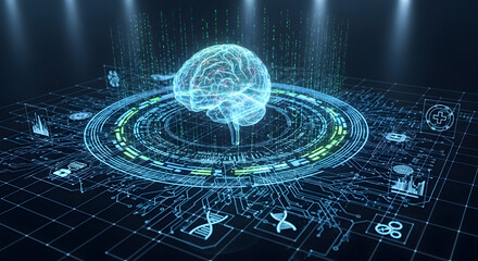AI Brain Hologram on Futuristic Digital Interface with Data Processing and Neural Network Concept