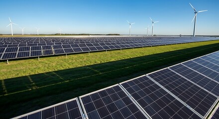 Renewable Energy Landscape - Solar Panels and Wind Turbines.