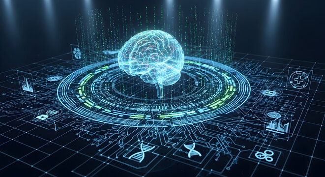 AI Brain Hologram on Futuristic Digital Interface with Data Processing and Neural Network Concept - Powered by Adobe