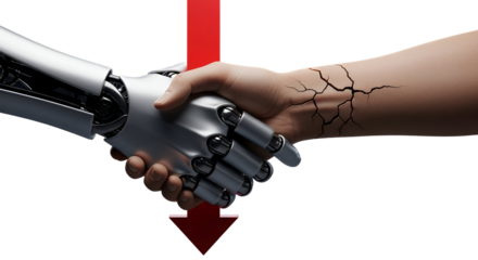 3d icon of robot and human shaking hands with a red arrow pointing down isolated on transparent background artificial intelligence