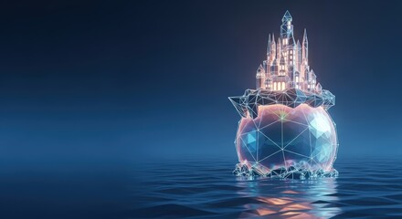 Obraz premium Fantasy castle on a glowing digital island floats on water