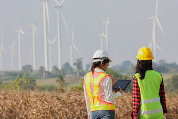 Two engineers inspect a wind farm, discussing renewable energy solutions while surrounded by wind turbines and a clear sky.