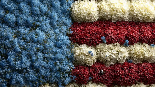 Patriotic background of the American flag made of beautiful red, white, and blue flowers.