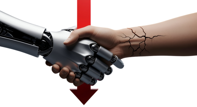 3d icon of robot and human shaking hands with a red arrow pointing down isolated on transparent background artificial intelligence