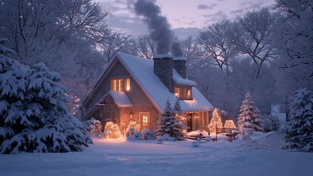 Charming winter cabin with warm lights surrounded by snow-covered trees at dusk