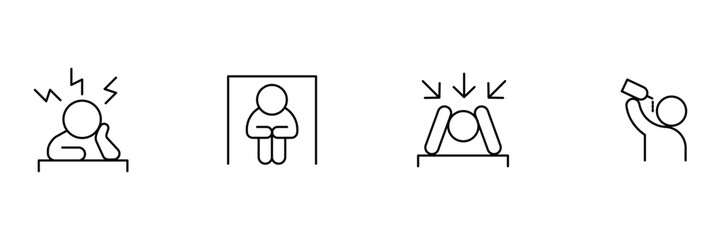 Stress head, depression isolation, frustration pressure, drinking alcohol icon set, psychology mental health outline vector illustration, minimal symbol.