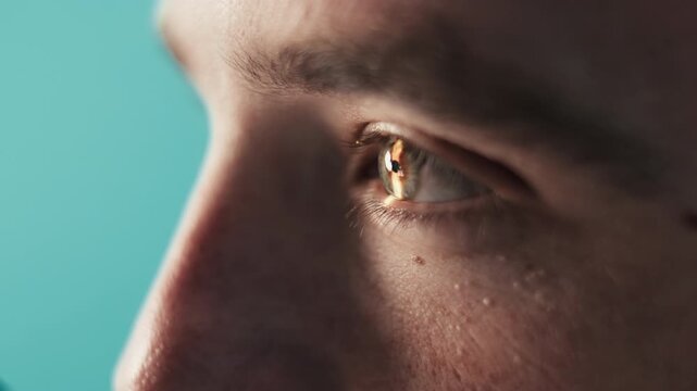 Close-up of human eye showcasing intricate details, highlighting vision examination process, with reflections and textures emphasizing ocular health and clarity