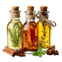 Gourmet Flavored Oils and Spices Displayed in Three Bottles for Culinary Art