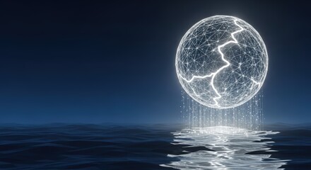 Glowing digital globe network over water surface