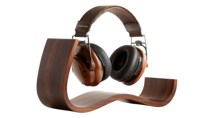 Wooden headphone stand with headphones, curved frame with glossy finish, isolated on white background