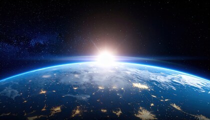 Fototapeta premium A stunning view of Earth from space, showcasing the horizon lit by a rising sun, surrounded by stars and a dark cosmos.