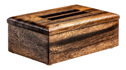 Wooden tissue box, grain texture with slot detail, warm studio light, isolated on white background