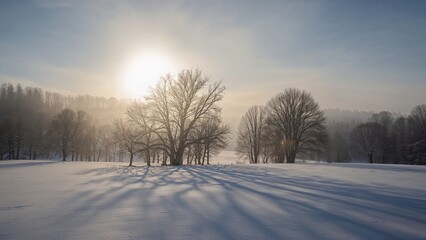 Blue shadows of the trees in the sunny winter morning