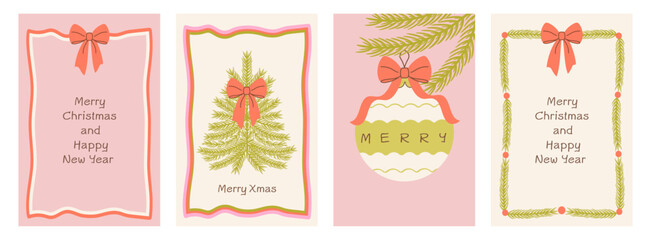 Christmas and New Year card set featuring wavy frames, ribbons, bows, fir branches, ornaments, and festive wishes in a charming retro pencil-doodle vector style with a soft vintage holiday feel.