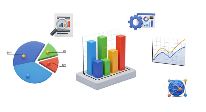 3d icon of collection of 3d data analysis and business intelligence icons, representing various forms of data visualization isolated on transparent background