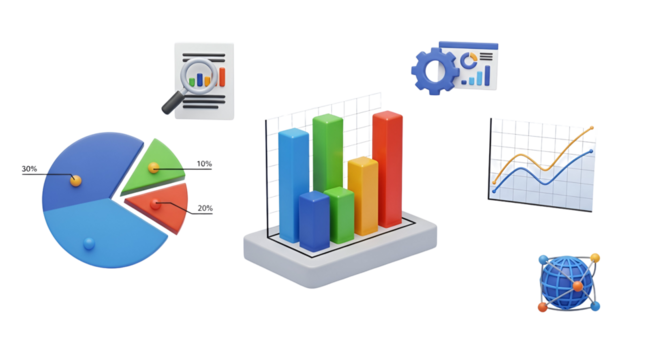 3d icon of collection of 3d data analysis and business intelligence icons, representing various forms of data visualization isolated on transparent background