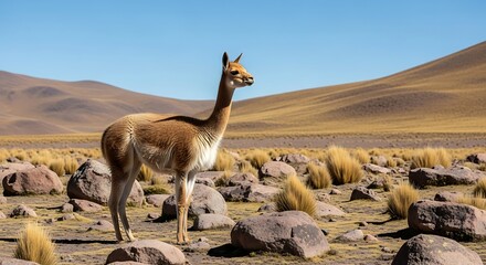 Vicu?a Standing Proudly in the Arid Atacama Desert Landscape.