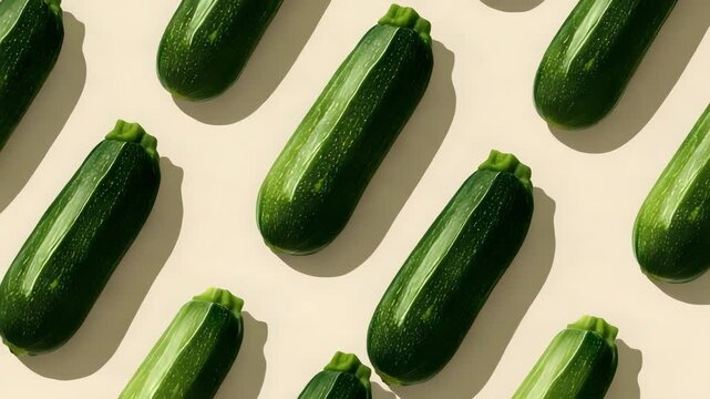 Several green zucchinis arranged diagonally on a pale background.