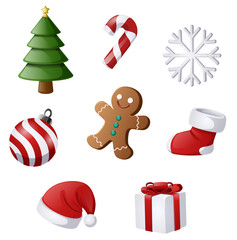 Cute Christmas Iconic Elements Set Christmas Tree, Candy Cane, Snowflake, Bauble Ornaments, Gingerbread Man, Stocking Sock, Santa Hat & Gift Box  3D Look Graphics Isolated