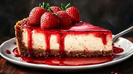 A mouthwatering slice of cheesecake with strawberry filling and fresh berries, juicy serving.
Great for restaurant menus, cookery blogs, dessert adverts and baking articles.