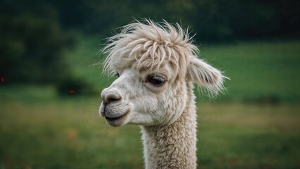 Obraz premium A close-up of a white alpaca's head in a lush green landscape where it happily grazes.