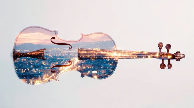 Beautiful violin intertwined with a vibrant urban skyline at sunset