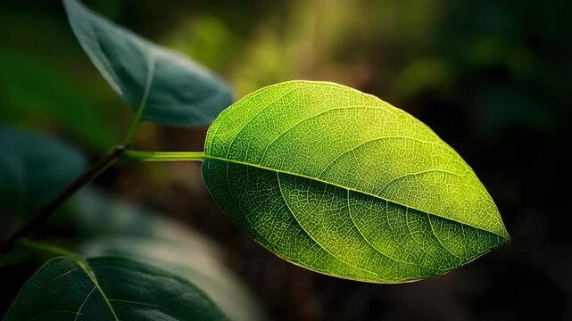 Close-up of a single green leaf with prominent veins, sunlit against a dark, blurred background.