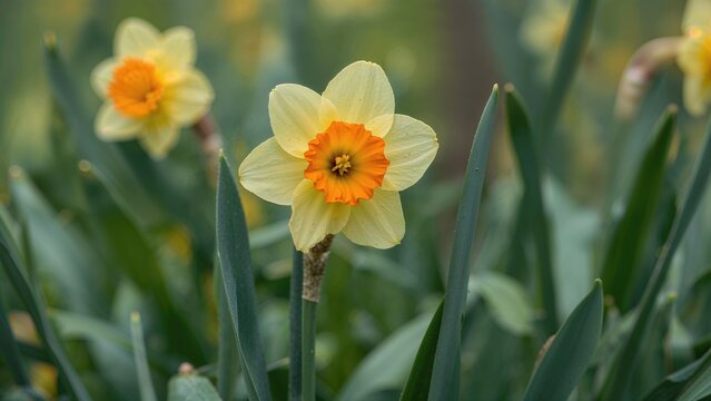 Pretty yellow and orange 'Narcissus' daffodil 'Jetfire' in flower