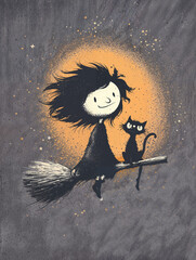 Vintage-style illustration of a cheerful little witch flying on a broom with her black cat under a starry sky.